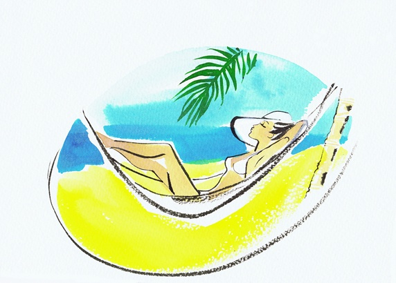 Beautiful woman sunbathing in hammock on tropical beach