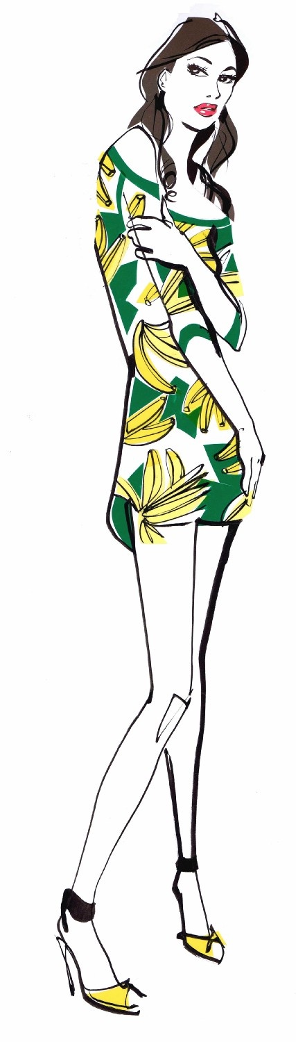 Young woman in dress with banana pattern on white background