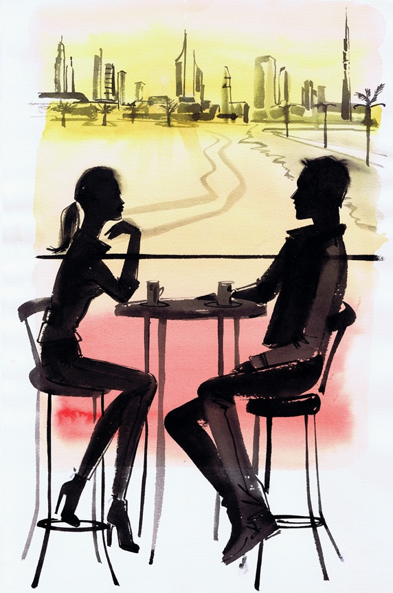 Young couple in cafe silhouetted against Dubai cityscape