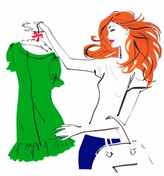 Beautiful woman shopping admiring green dress