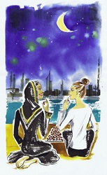 Women friends sitting on waterfront in Dubai chatting and eating dates