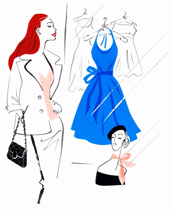Beautiful woman shopping admiring blue dress in shop window