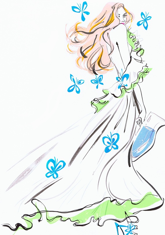 Glamorous woman in flowing dress carrying water and surrounded by butterflies