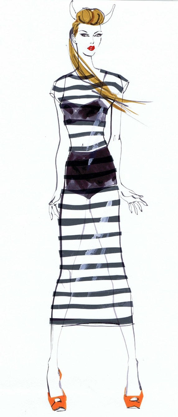 Young woman in striped transparent dress