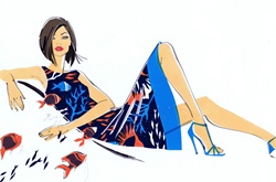 Young woman lying in dress with pattern and swimming fish on background