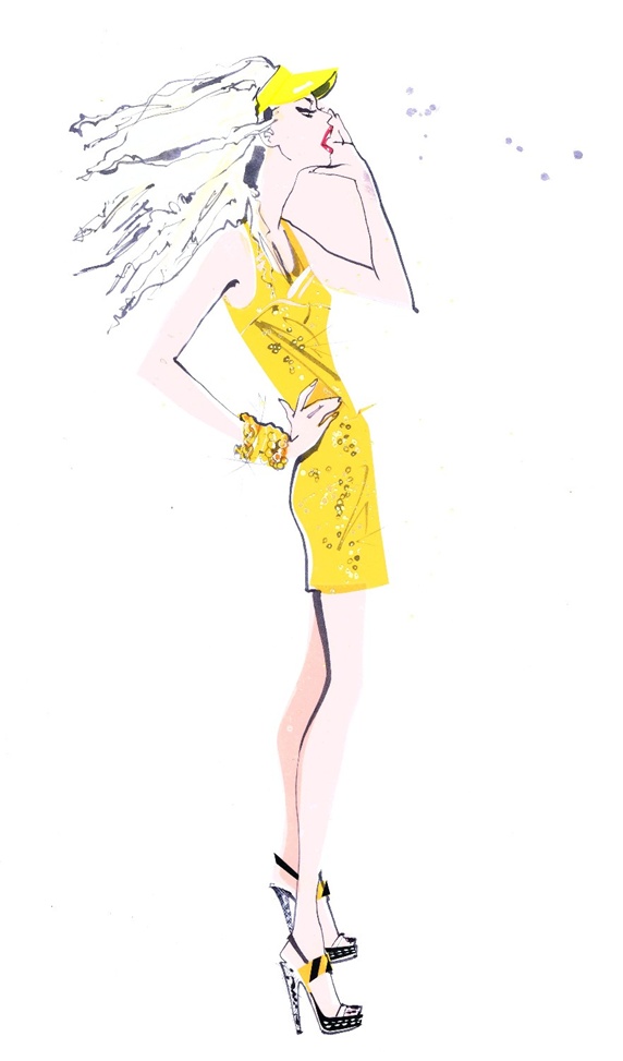 Fashion model in yellow dress shouting