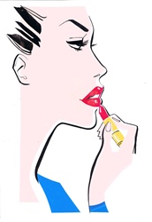 Young woman putting on lipstick