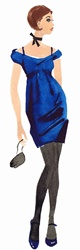 Woman wearing blue dress holding small bag