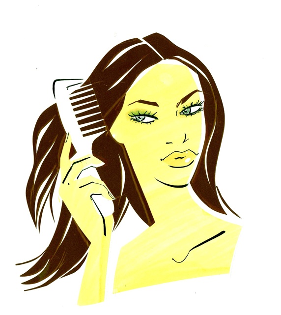 Brown haired woman combing hair