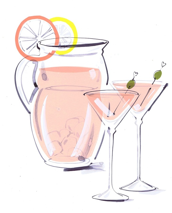Drink in vase and champagne flutes, orange and lemon slice