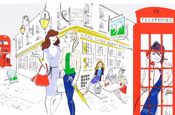 People enjoying city life outside of London pub and using red telephone box