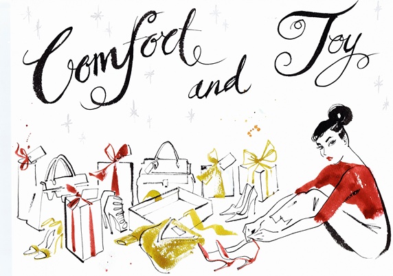 Christmas comfort and joy text with woman surrounded by gifts and trying on new shoes