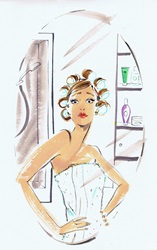 Woman in curlers and towel looking at reflection in bathroom mirror