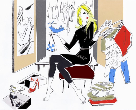 Woman in bedroom deciding what to wear