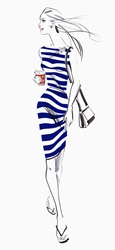 Beautiful woman in striped dress with takeaway coffee