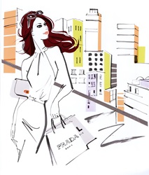 Elegant young woman holding shopping bags, looking at cityscape from balcony