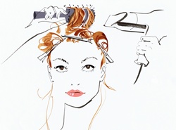 Beautiful woman styling her hair with hair dryer and hairbrush