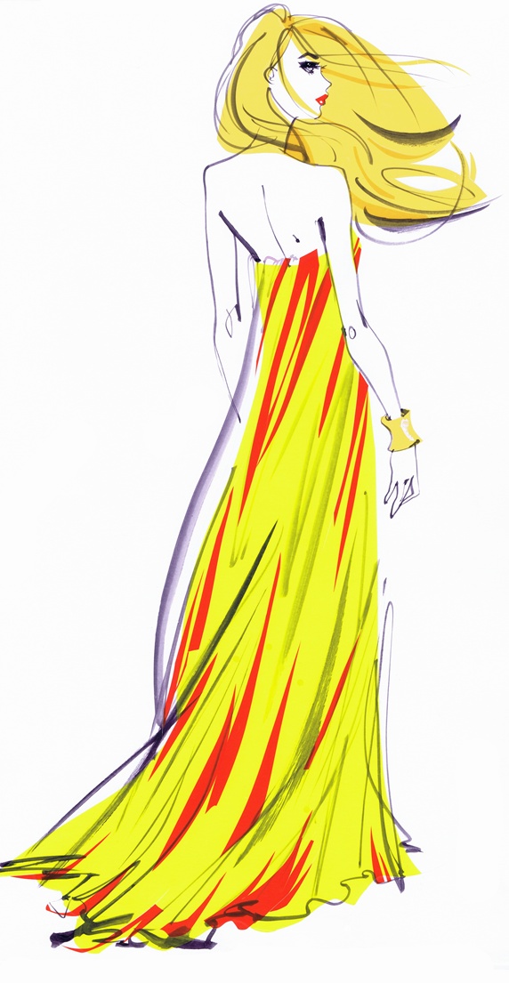 Rear view of beautiful woman wearing yellow and red striped evening gown