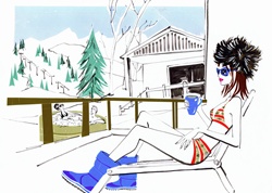 Ski resort with couple in hot tub and glamorous woman relaxing in sun lounger wearing bikini and fur hat