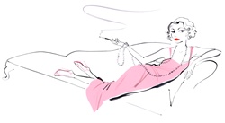 Woman wearing pink dress relaxing on chaise longue and smoking