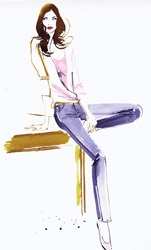 Fashion illustration of woman in jeans leaning against table