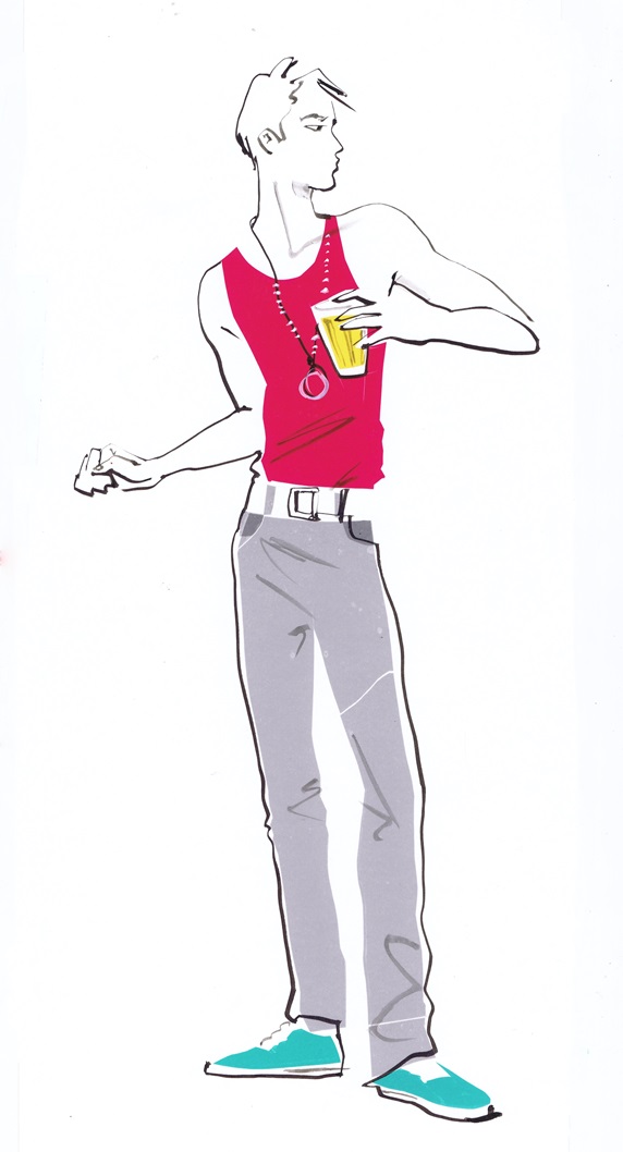 Cool young man wearing magenta colored tank top holding drink