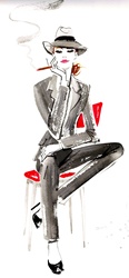 Portrait of elegant woman sitting on stool and smoking