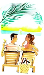 Rear view of woman and man relaxing on beach