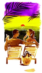 Rear view of woman and man relaxing on beach at sunset