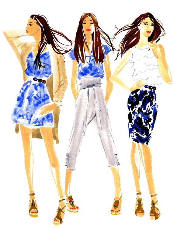 Three fashion models in various outfit