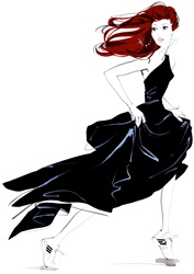 Woman in evening gown and sports shoes