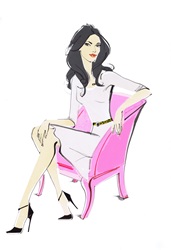 Portrait of elegant woman sitting in pink armchair