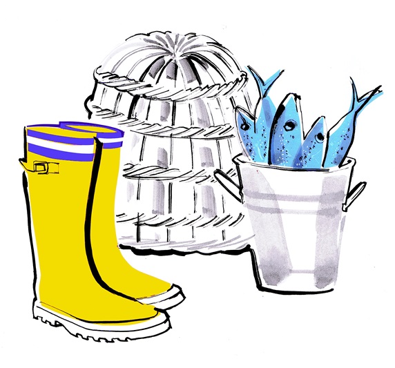 Yellow rubber boots and bucket of freshly caught fish