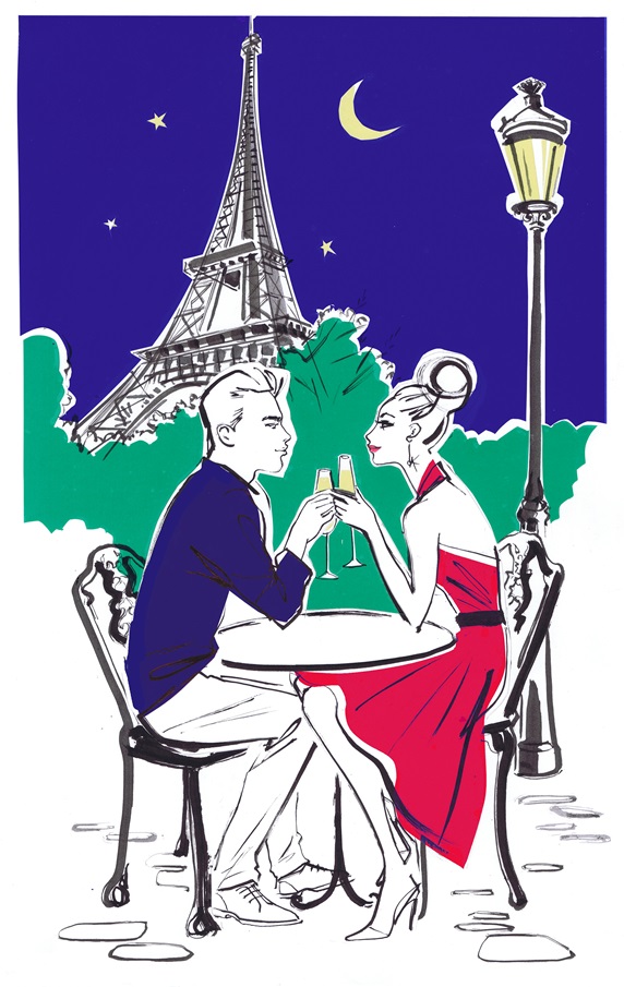 Romantic couple toasting with Champagne at night, Eiffel Tower in background