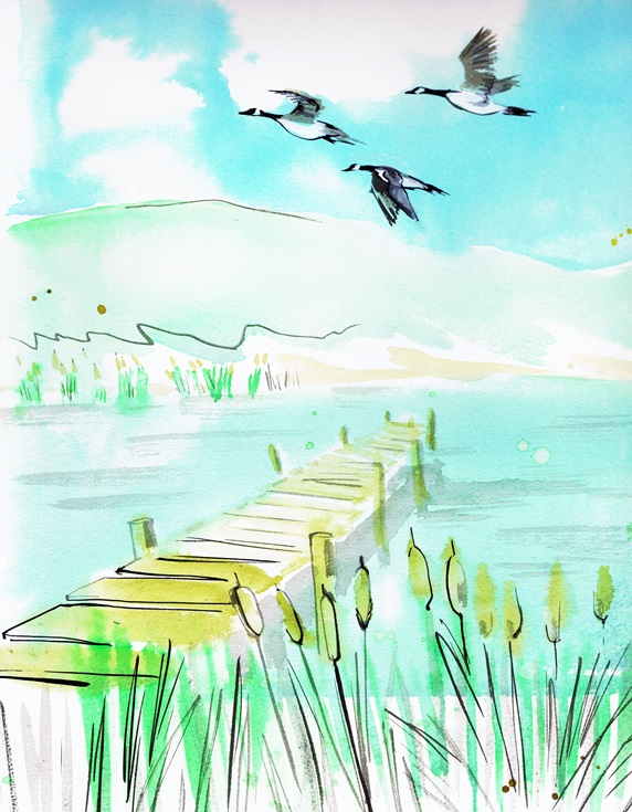 Watercolour painting of geese flying over tranquil lake