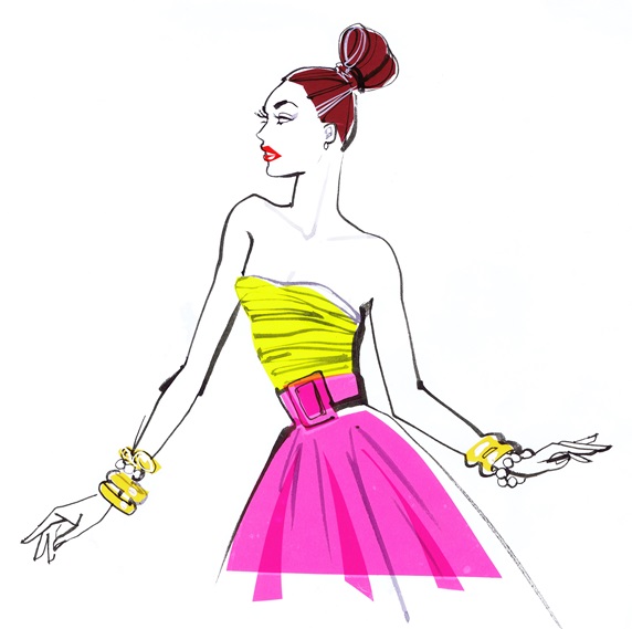 Fashionable woman wearing yellow off shoulders top and pink skirt