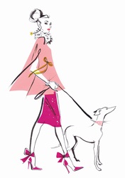 Beautiful wealthy stylish woman with dog on leash