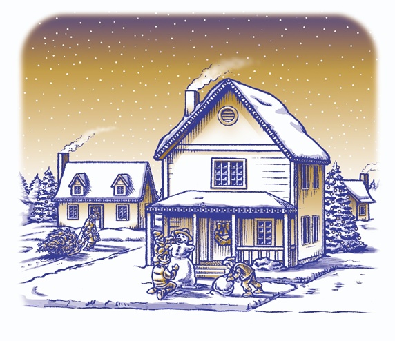 Houses in snow and Christmas tree, children making snowman