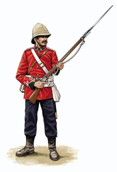 Army solder wearing red military uniform and beige army helmet holding gun