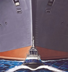 Symmetrical front view of small and large ship