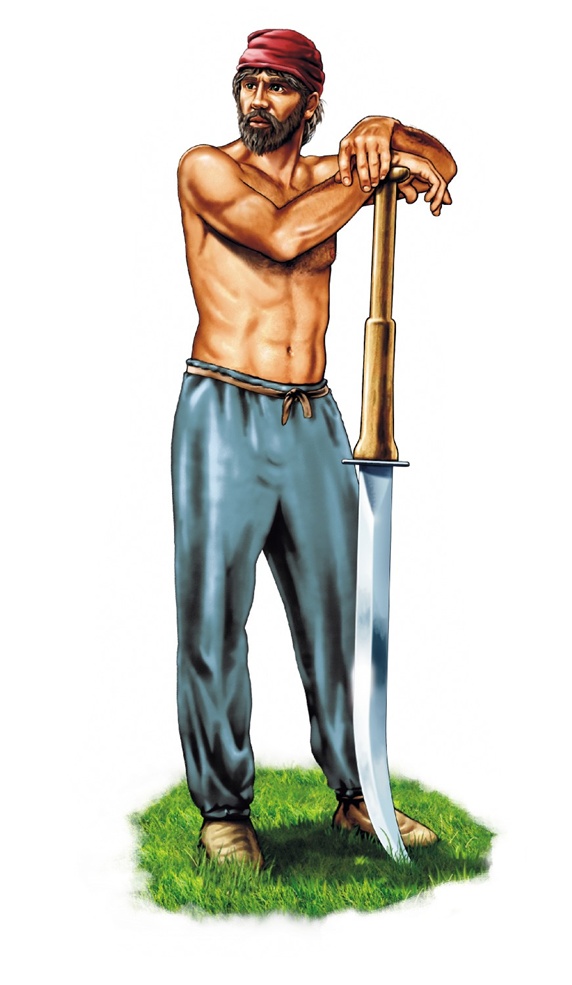 Shirtless warrior with large knife