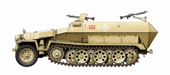 Side view of beige military vehicle, white background