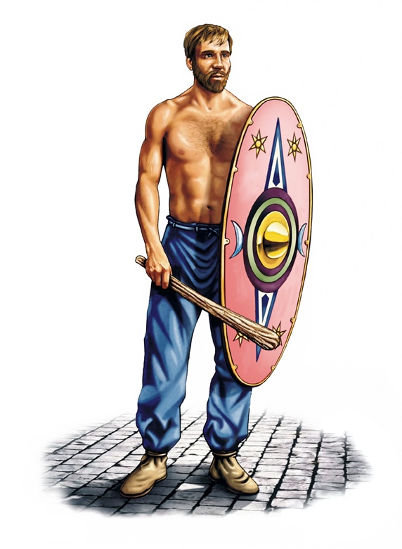 Shirtless warrior with mace and shield