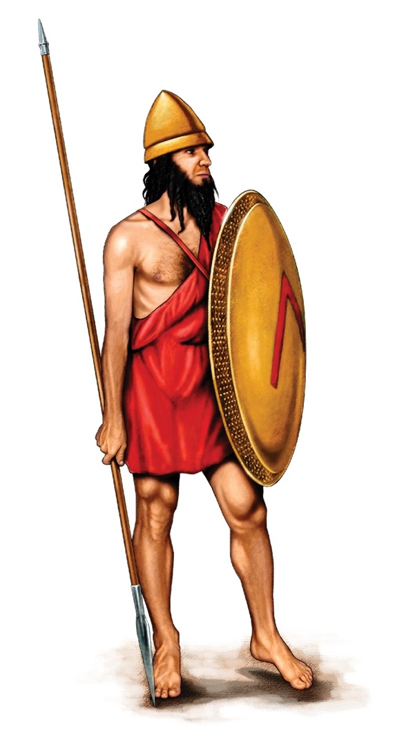 Army soldier with lance and shield in red tunic and barefoot