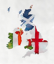 Watercolor flag map of United Kingdom and Ireland 