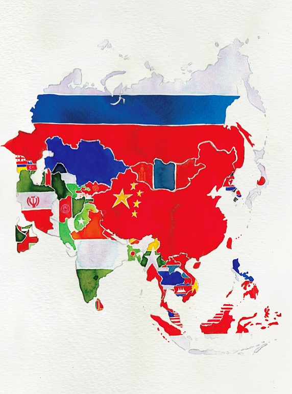 Watercolor flag map of Asia
