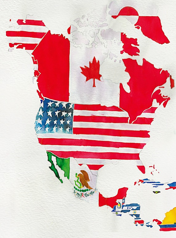Watercolor flag map of North and Central America