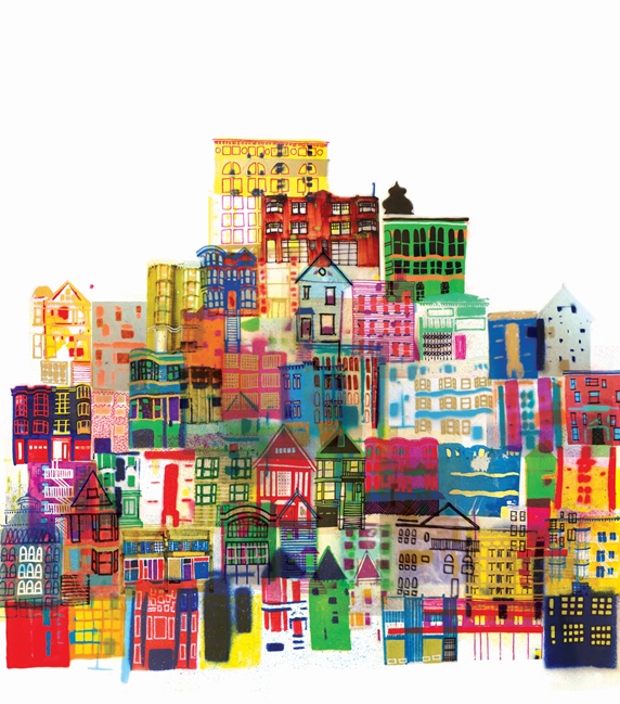 Montage of bright multicolored buildings