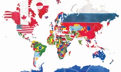 Watercolor map of the world and national flags