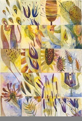 Watercolor painting of plant details in grid pattern